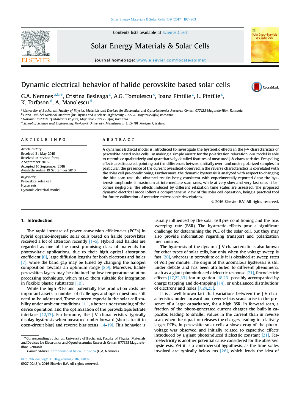 Dynamic electrical behavior of halide perovskite based solar cells