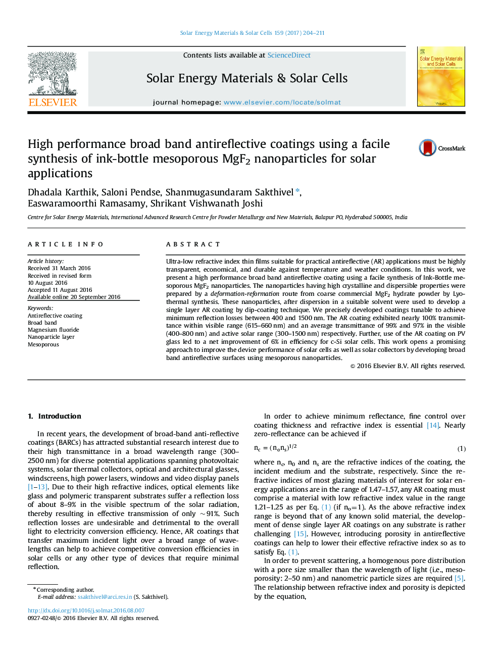 High performance broad band antireflective coatings using a facile synthesis of ink-bottle mesoporous MgF2 nanoparticles for solar applications