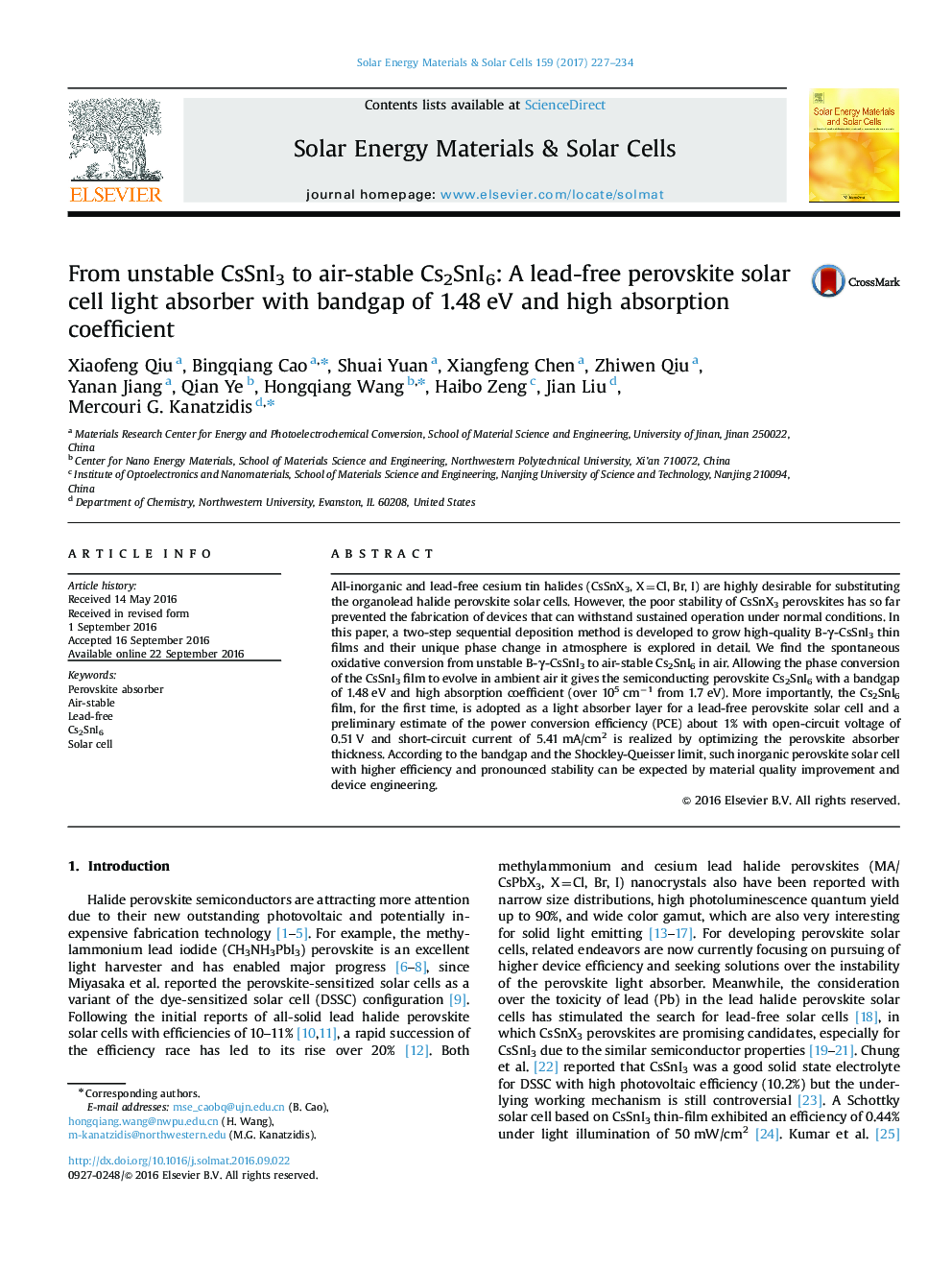 From unstable CsSnI3 to air-stable Cs2SnI6: A lead-free perovskite solar cell light absorber with bandgap of 1.48 eV and high absorption coefficient