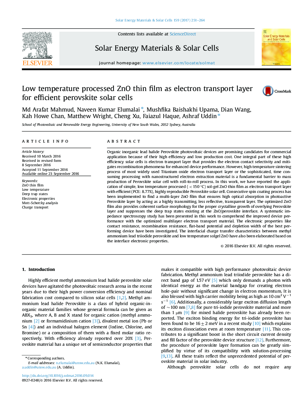 Low temperature processed ZnO thin film as electron transport layer for efficient perovskite solar cells