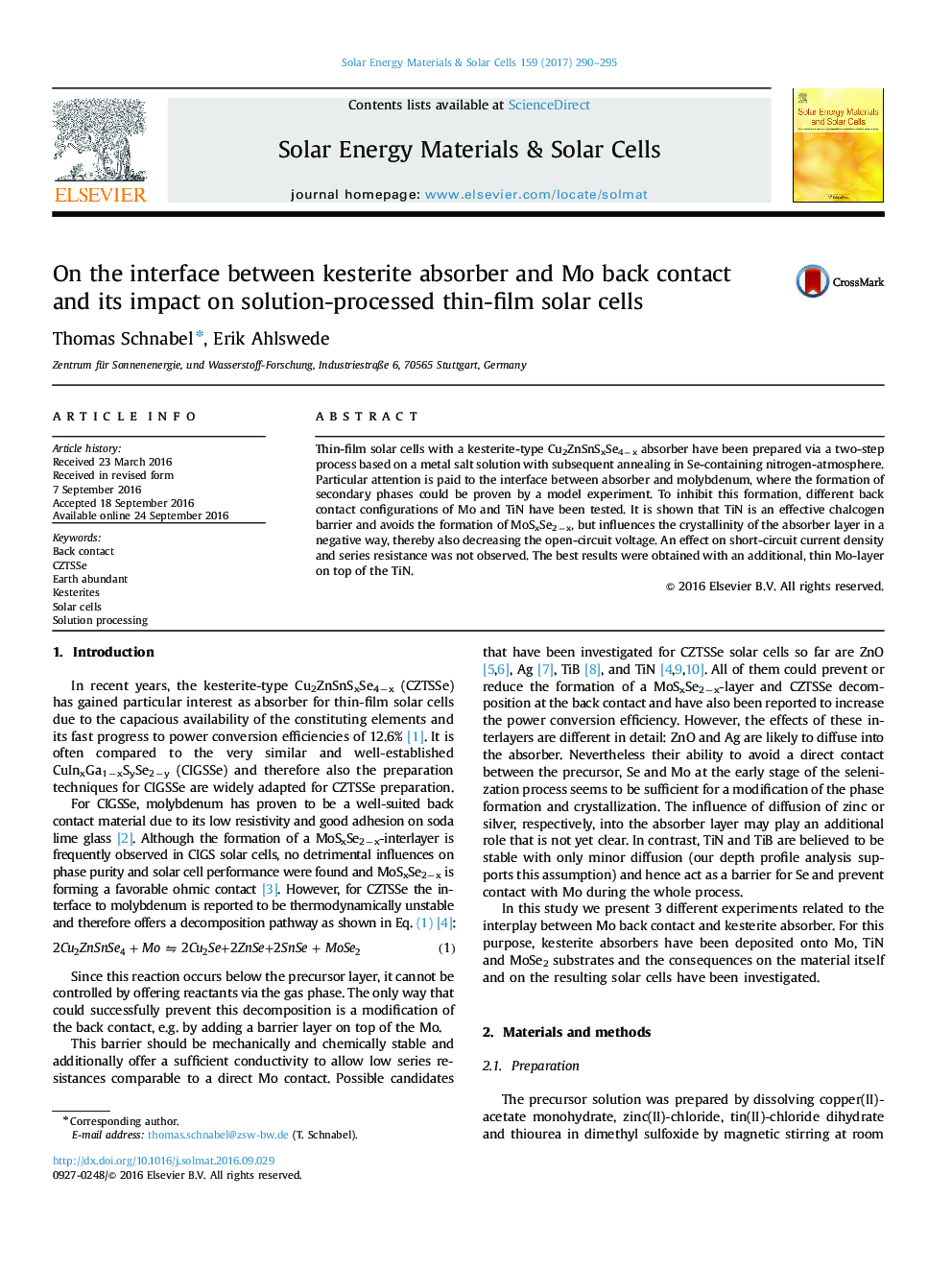 On the interface between kesterite absorber and Mo back contact and its impact on solution-processed thin-film solar cells