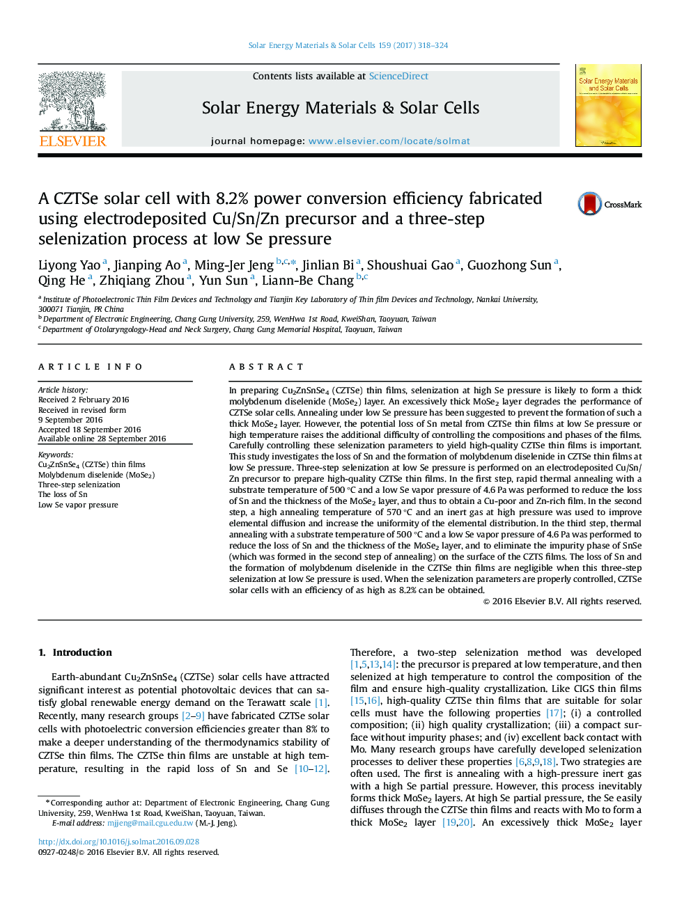 A CZTSe solar cell with 8.2% power conversion efficiency fabricated using electrodeposited Cu/Sn/Zn precursor and a three-step selenization process at low Se pressure