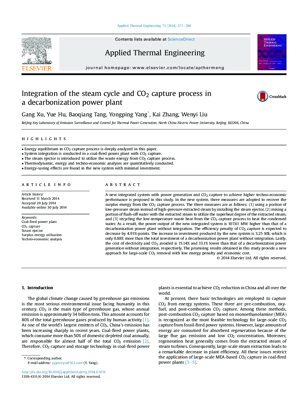 Integration of the steam cycle and CO2 capture process in a decarbonization power plant