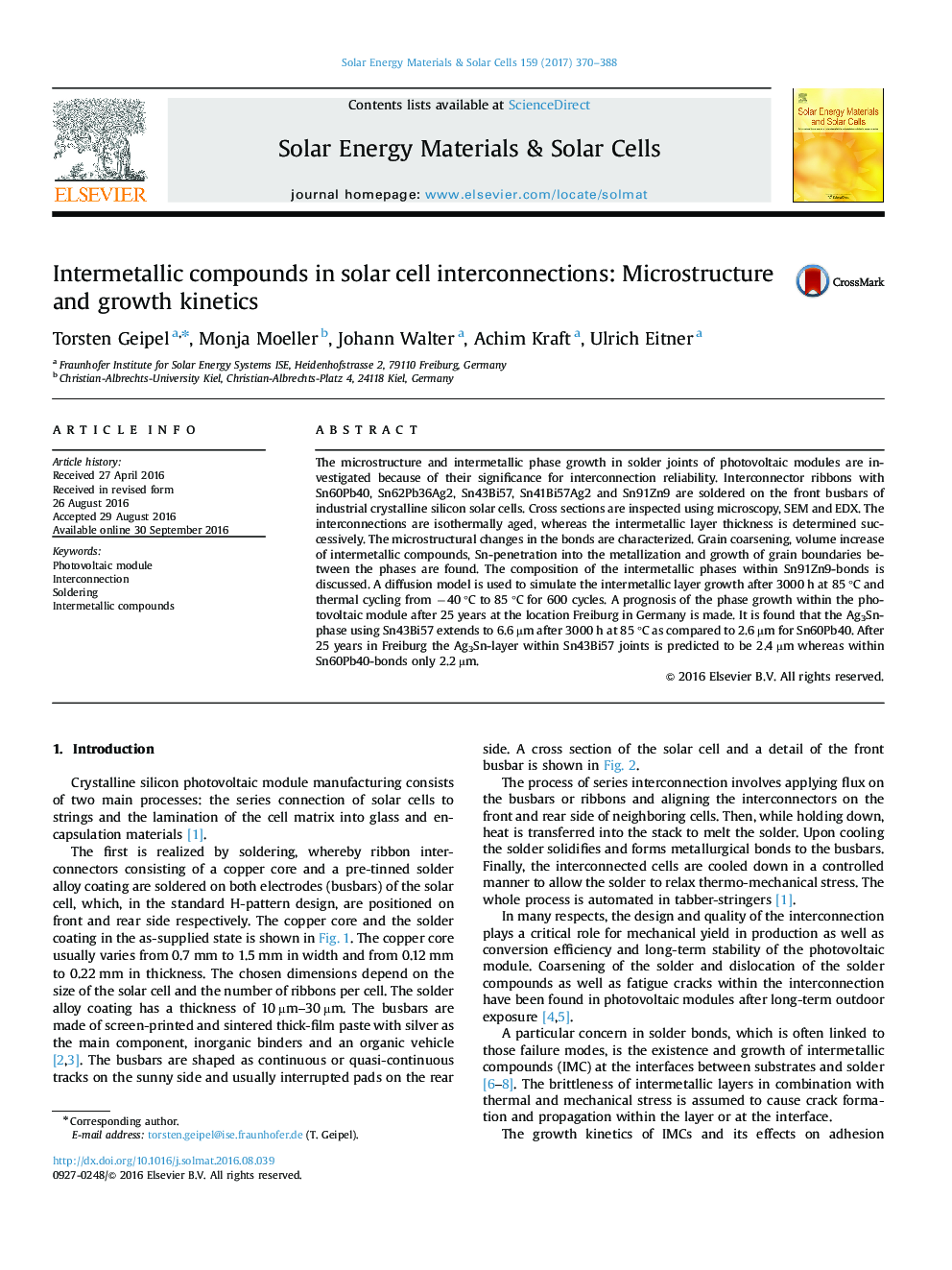 Intermetallic compounds in solar cell interconnections: Microstructure and growth kinetics