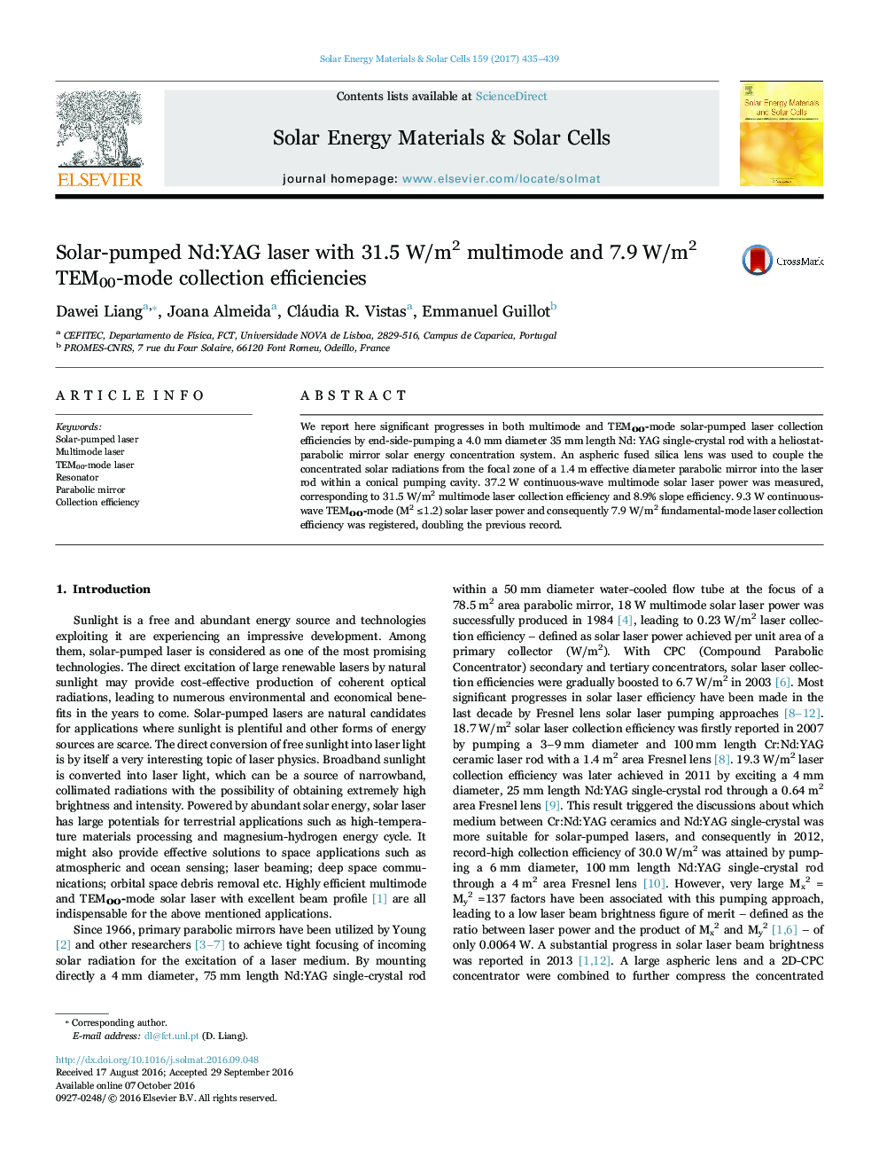 Solar-pumped Nd:YAG laser with 31.5 W/m2 multimode and 7.9 W/m2 TEM00-mode collection efficiencies