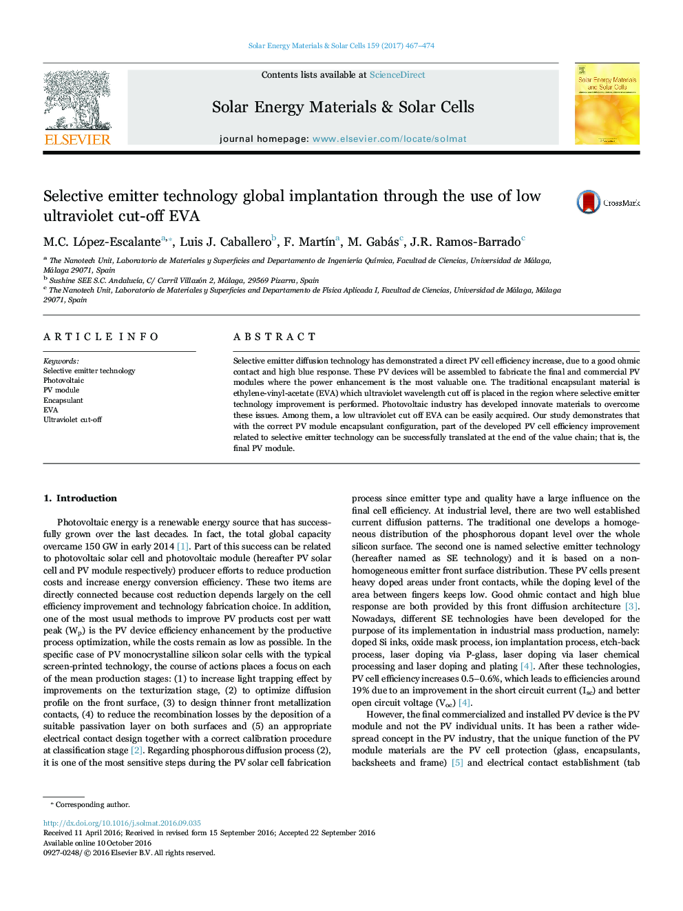 Selective emitter technology global implantation through the use of low ultraviolet cut-off EVA