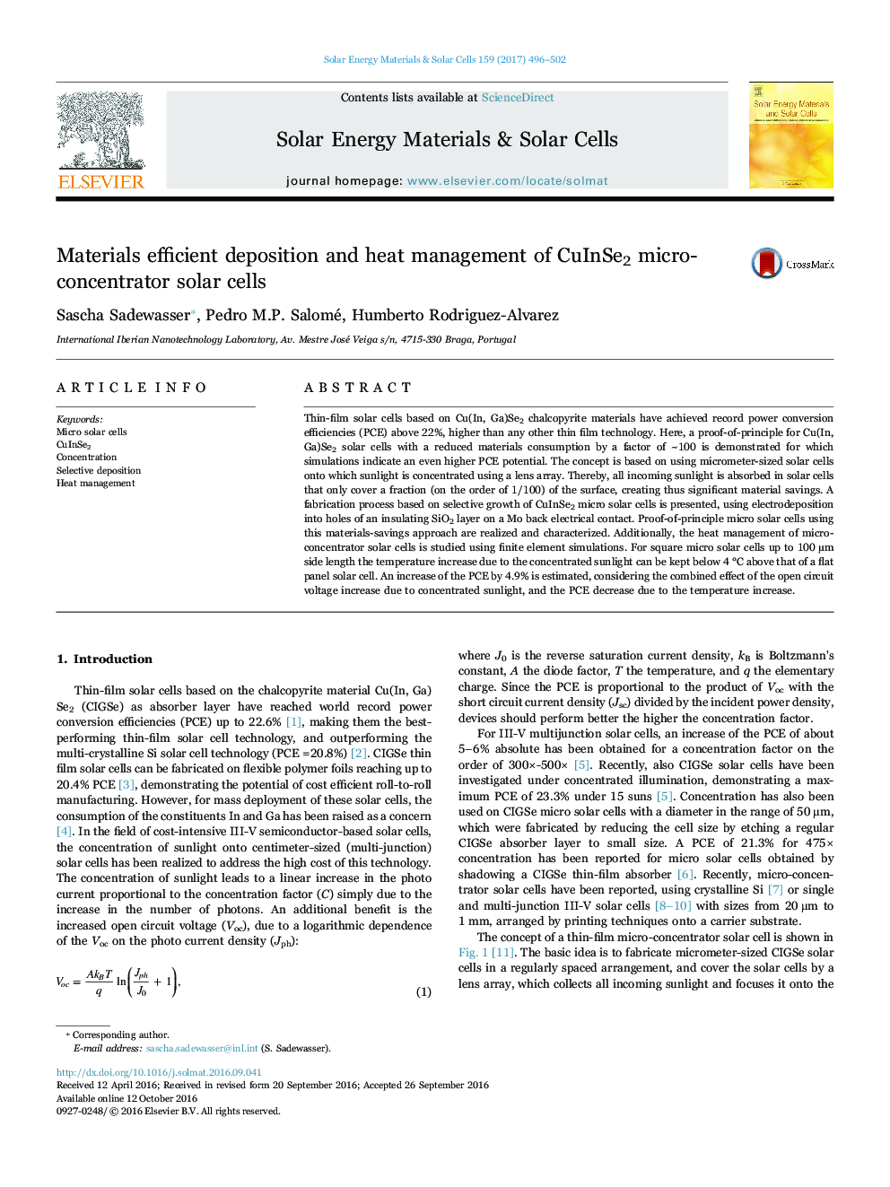 Materials efficient deposition and heat management of CuInSe2 micro-concentrator solar cells