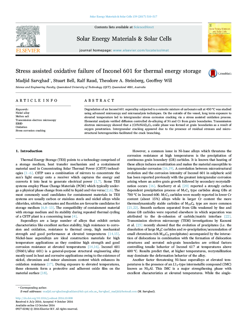 Stress assisted oxidative failure of Inconel 601 for thermal energy storage