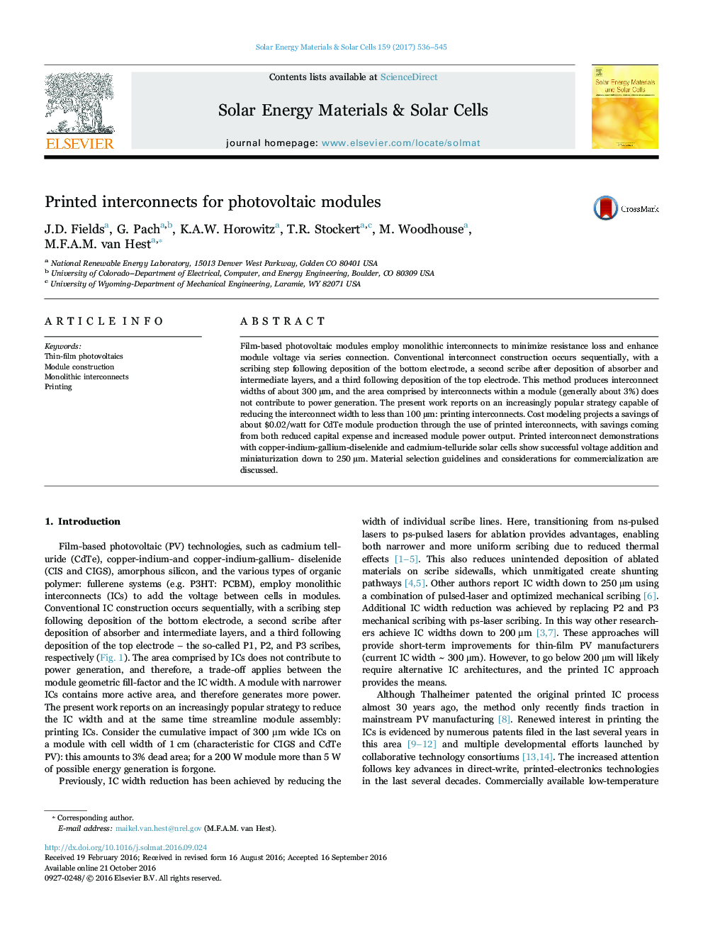 Printed interconnects for photovoltaic modules