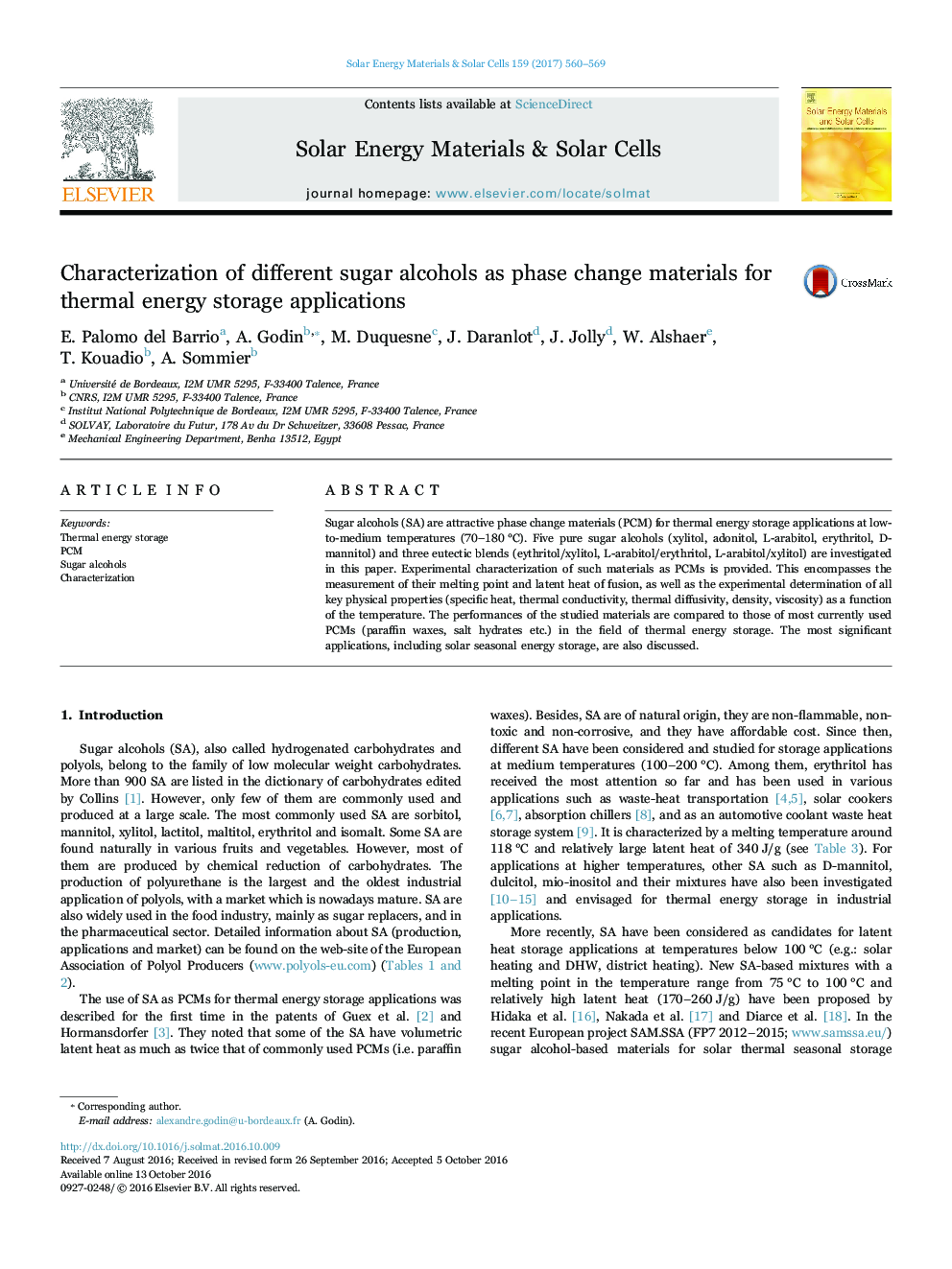 Characterization of different sugar alcohols as phase change materials for thermal energy storage applications