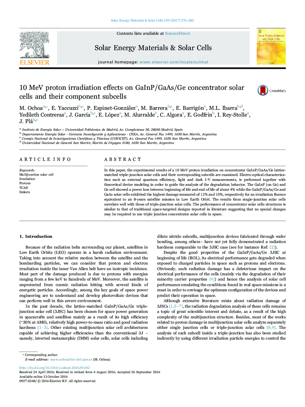 10 MeV proton irradiation effects on GaInP/GaAs/Ge concentrator solar cells and their component subcells