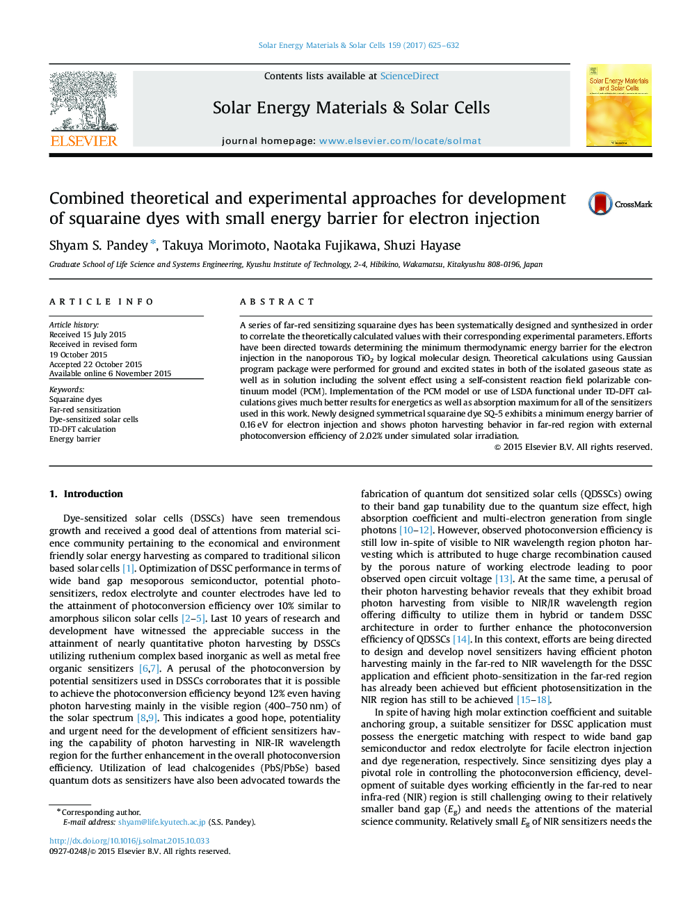 Combined theoretical and experimental approaches for development of squaraine dyes with small energy barrier for electron injection