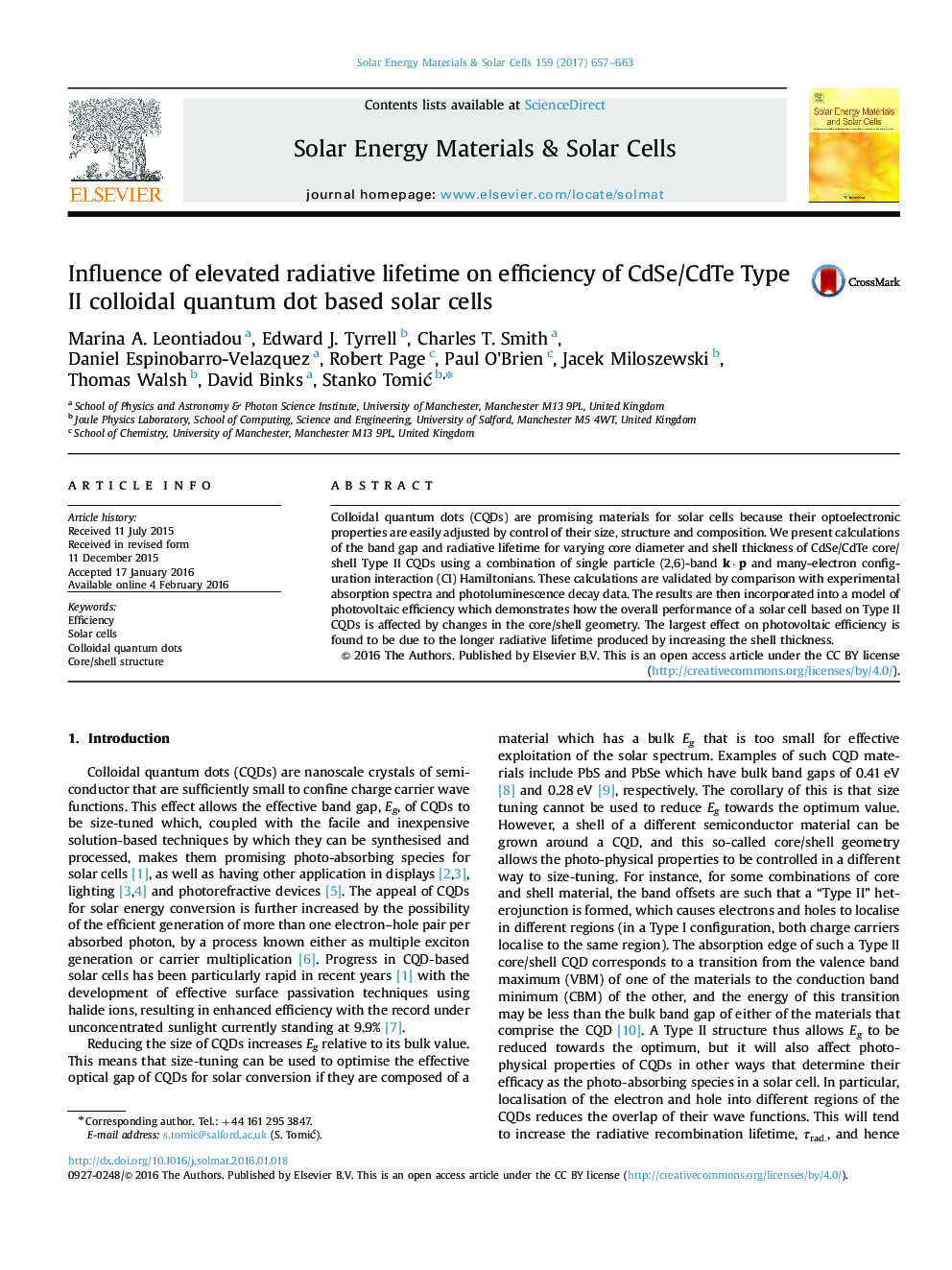 Influence of elevated radiative lifetime on efficiency of CdSe/CdTe Type II colloidal quantum dot based solar cells