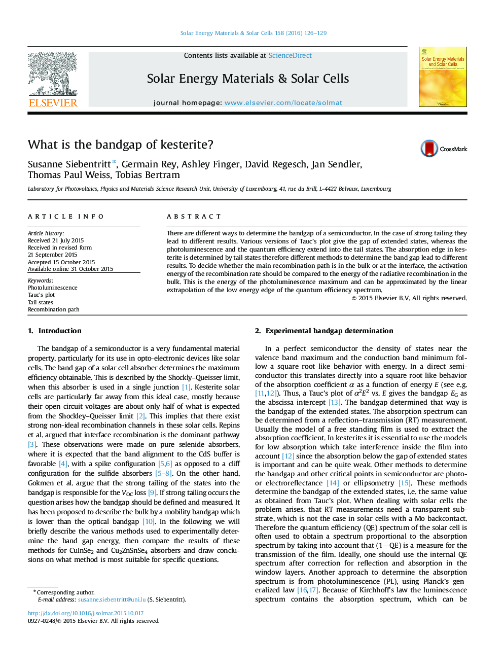 What is the bandgap of kesterite?