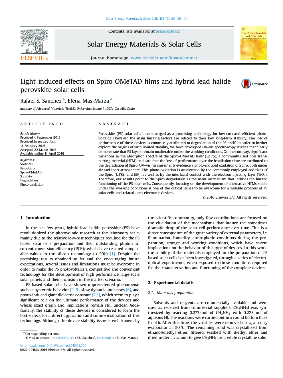 Light-induced effects on Spiro-OMeTAD films and hybrid lead halide perovskite solar cells