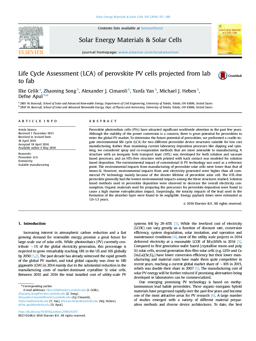 Life Cycle Assessment (LCA) of perovskite PV cells projected from lab to fab