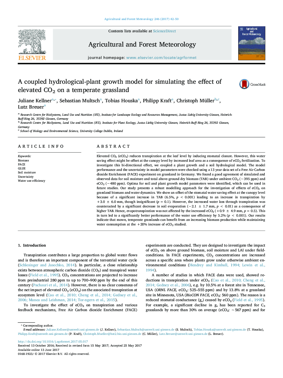 A coupled hydrological-plant growth model for simulating the effect of elevated CO2 on a temperate grassland