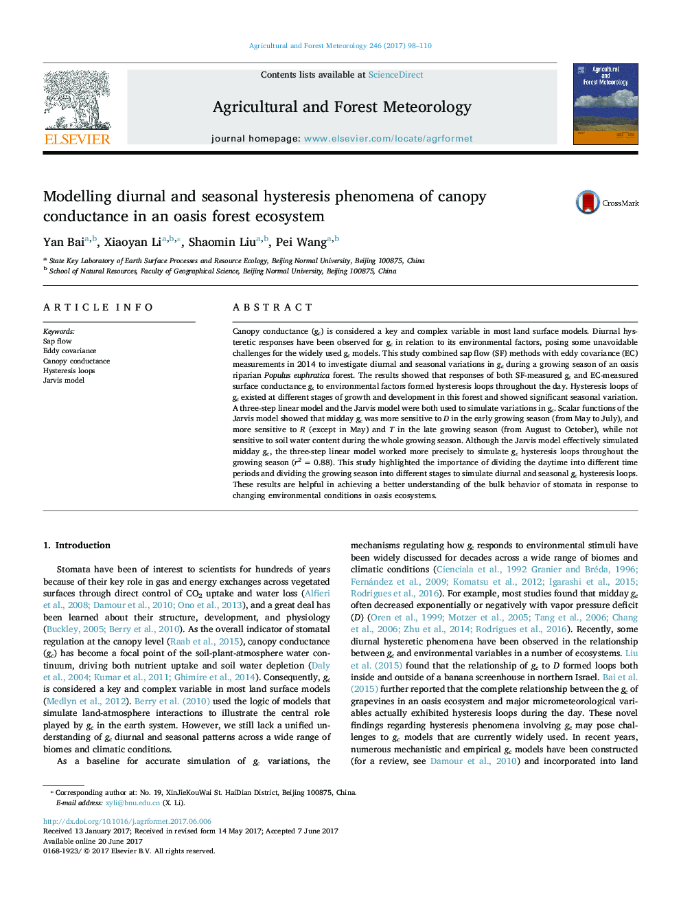 Modelling diurnal and seasonal hysteresis phenomena of canopy conductance in an oasis forest ecosystem