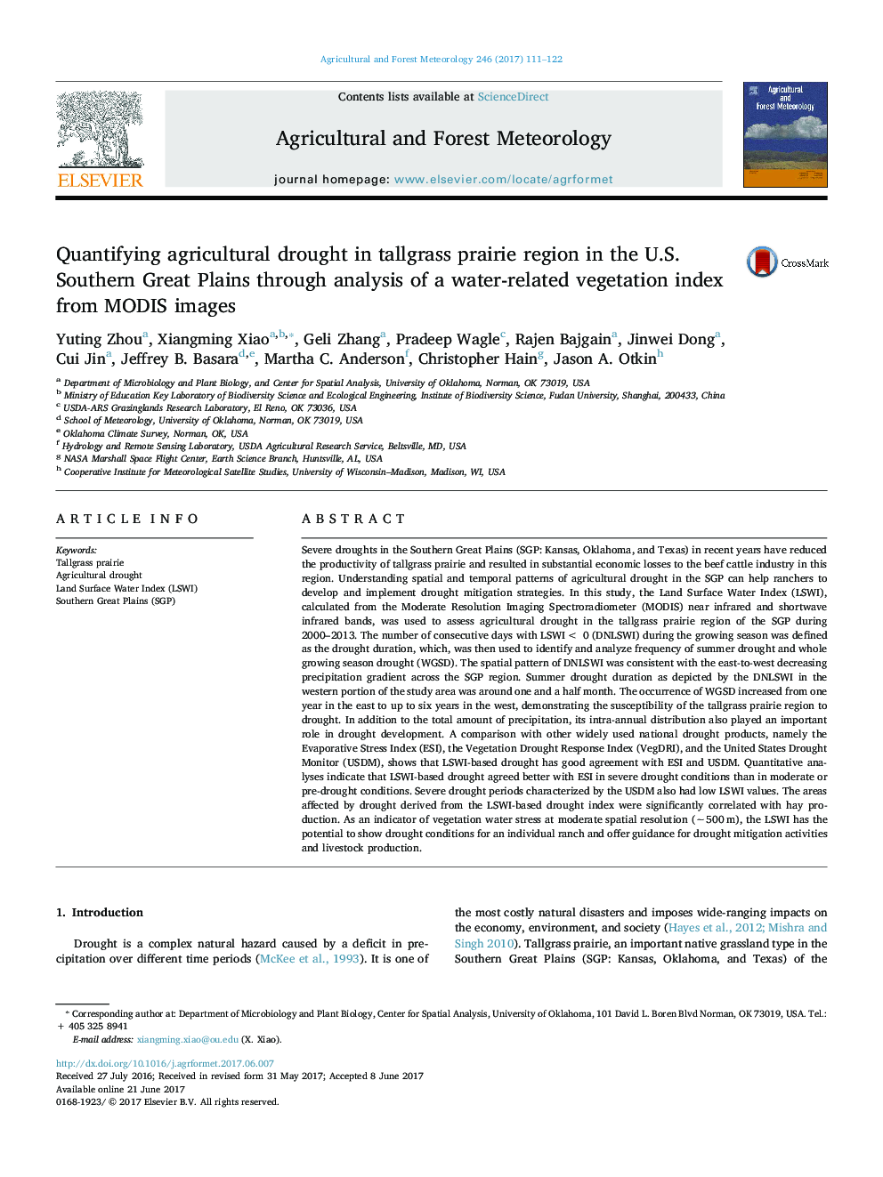 Quantifying agricultural drought in tallgrass prairie region in the U.S. Southern Great Plains through analysis of a water-related vegetation index from MODIS images