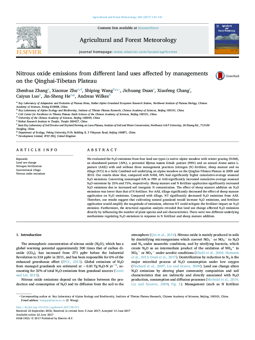 Nitrous oxide emissions from different land uses affected by managements on the Qinghai-Tibetan Plateau