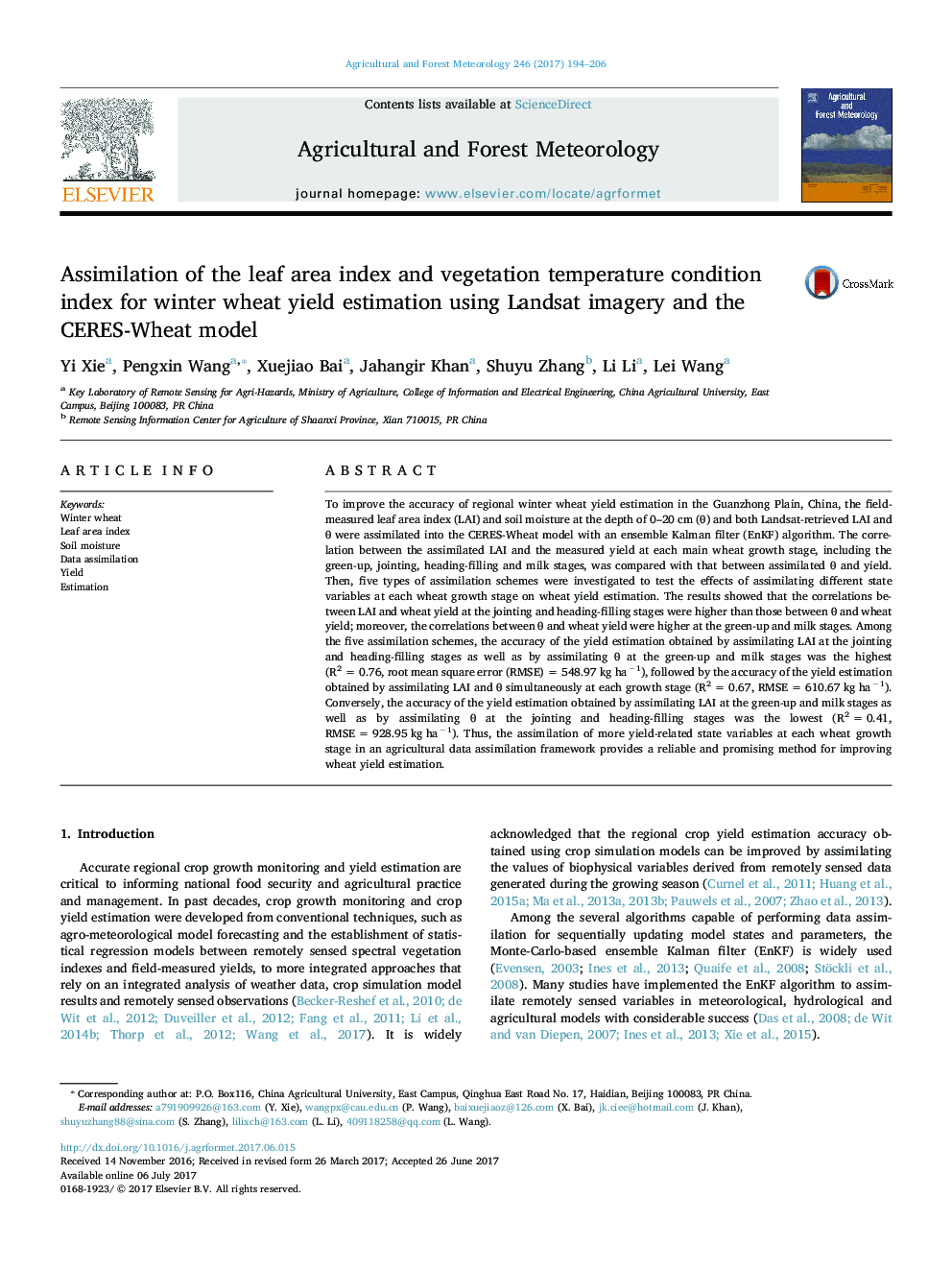 Assimilation of the leaf area index and vegetation temperature condition index for winter wheat yield estimation using Landsat imagery and the CERES-Wheat model