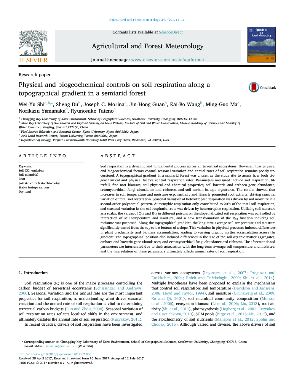 Physical and biogeochemical controls on soil respiration along a topographical gradient in a semiarid forest