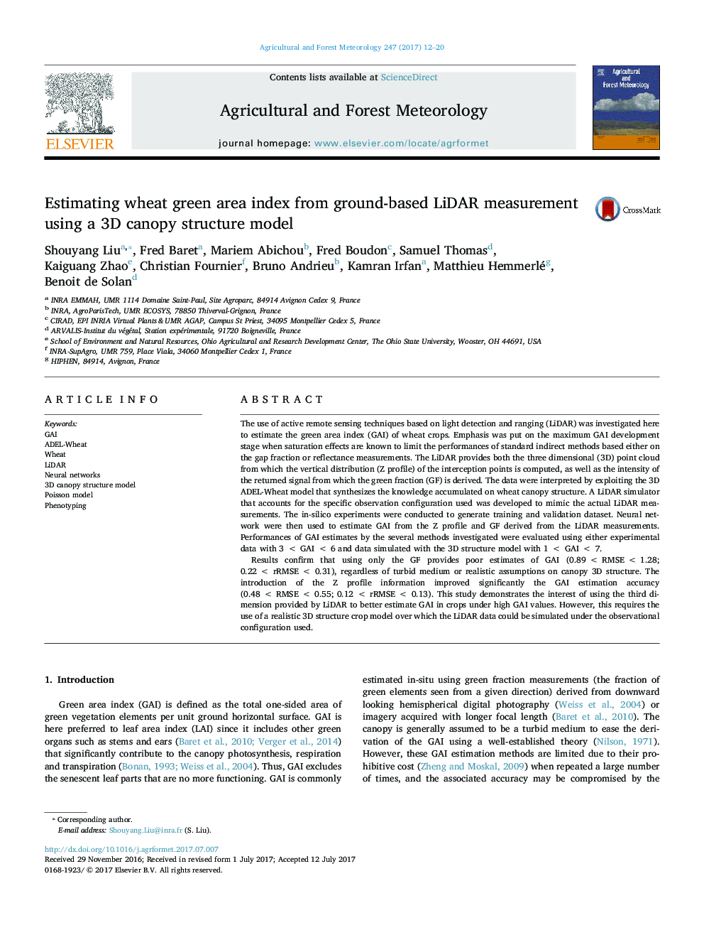 Estimating wheat green area index from ground-based LiDAR measurement using a 3D canopy structure model