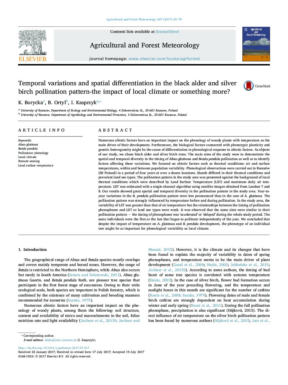 Temporal variations and spatial differentiation in the black alder and silver birch pollination pattern-the impact of local climate or something more?