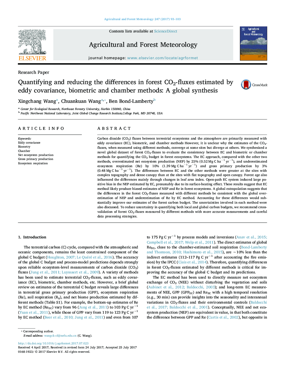 Quantifying and reducing the differences in forest CO2-fluxes estimated by eddy covariance, biometric and chamber methods: A global synthesis