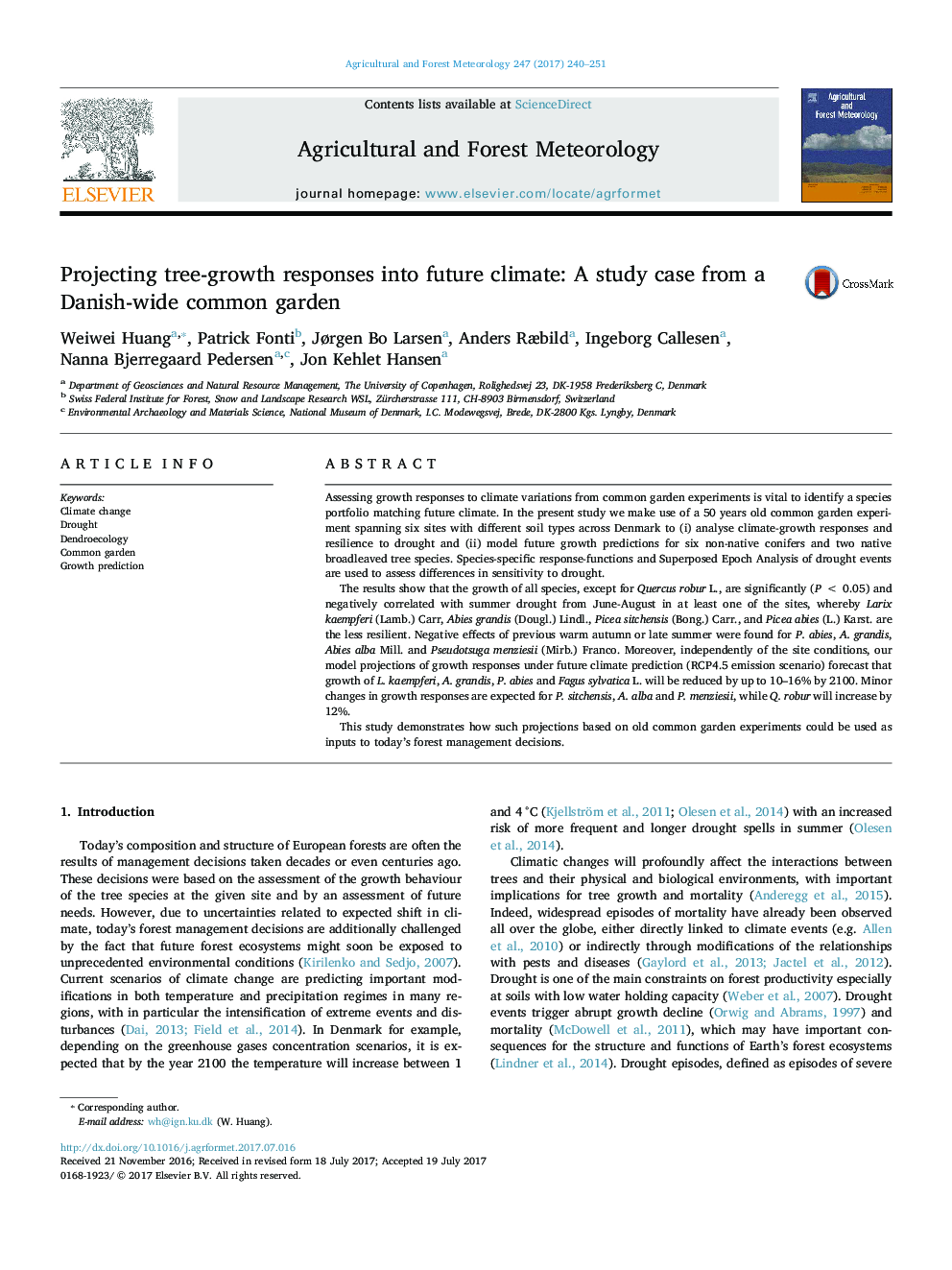 Projecting tree-growth responses into future climate: A study case from a Danish-wide common garden