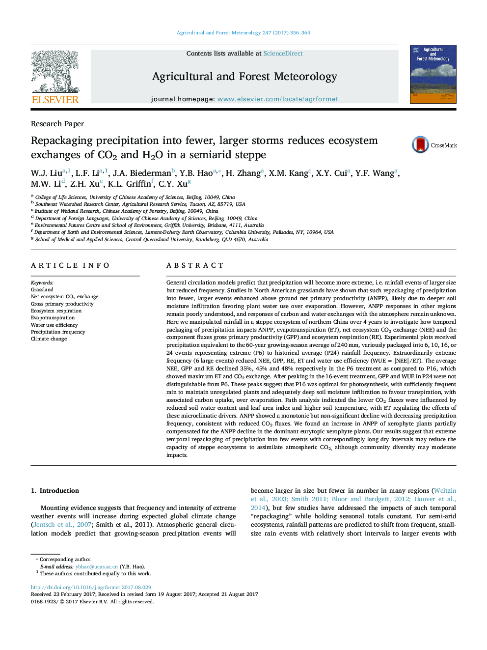 Repackaging precipitation into fewer, larger storms reduces ecosystem exchanges of CO2 and H2O in a semiarid steppe