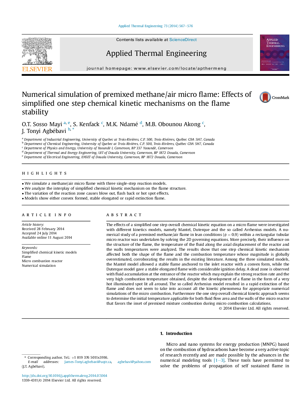 عکس صفحه اول مقاله: Numerical simulation of premixed methane/air micro flame: Effects of simplified one step chemical kinetic mechanisms on the flame stability Numerical simulation of premixed methane/air micro flame: Effects of simplified one step chemical kinetic mechanisms on the flame stability