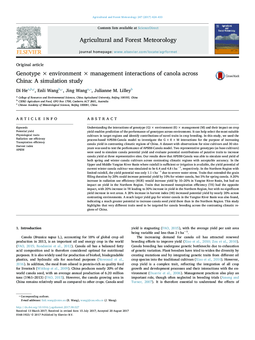 Genotype Ã environment Ã management interactions of canola across China: A simulation study