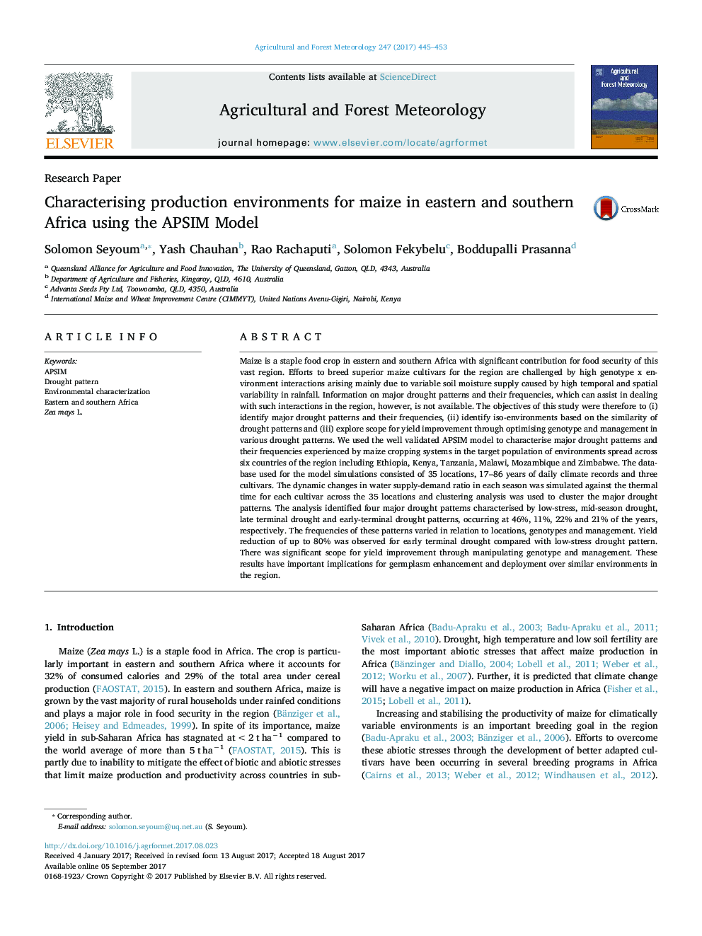 Research PaperCharacterising production environments for maize in eastern and southern Africa using the APSIM Model