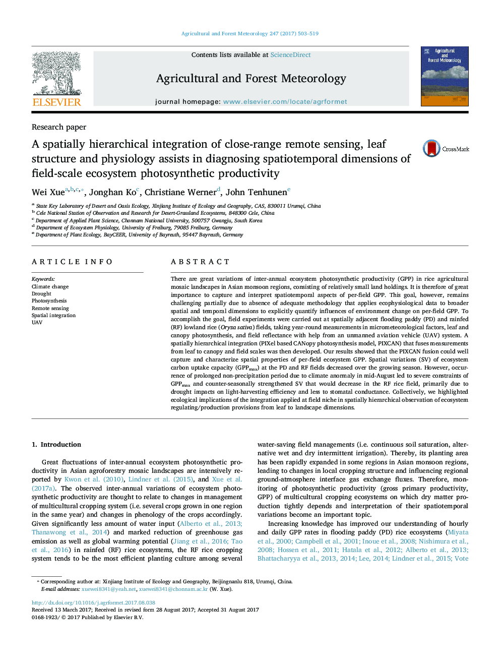 A spatially hierarchical integration of close-range remote sensing, leaf structure and physiology assists in diagnosing spatiotemporal dimensions of field-scale ecosystem photosynthetic productivity