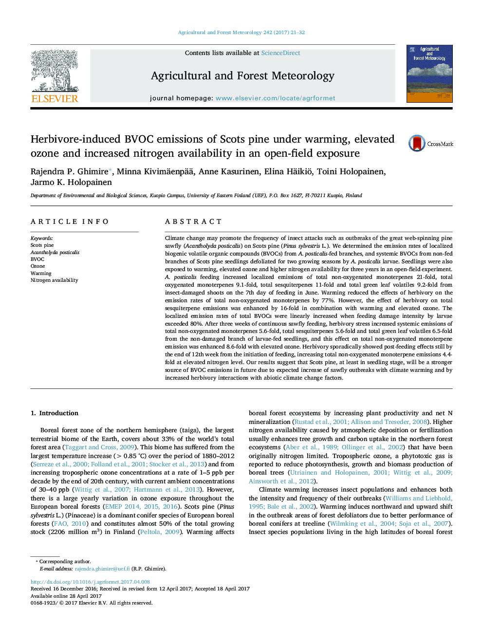 Herbivore-induced BVOC emissions of Scots pine under warming, elevated ozone and increased nitrogen availability in an open-field exposure