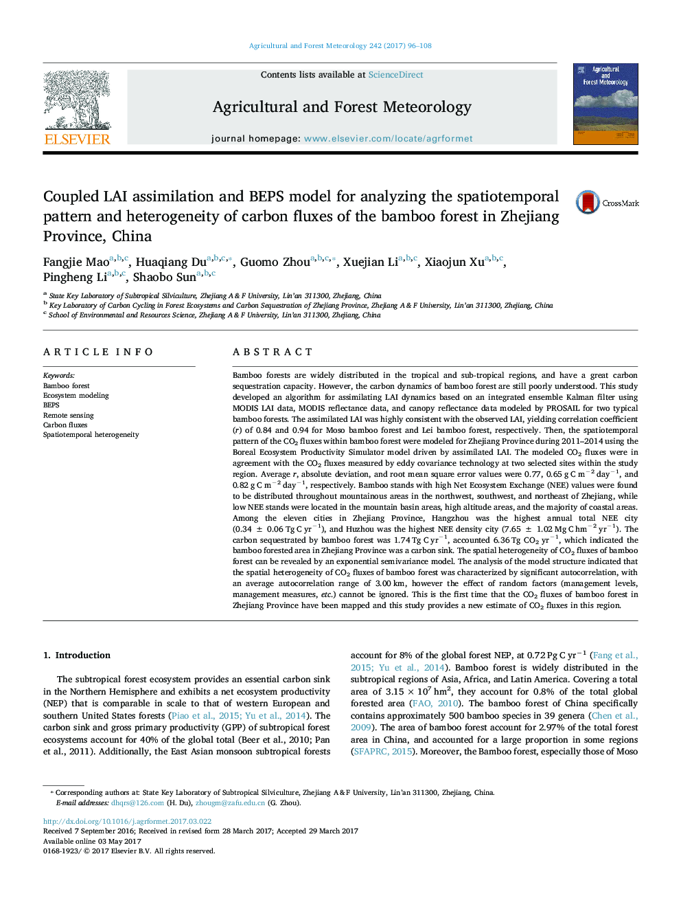 Coupled LAI assimilation and BEPS model for analyzing the spatiotemporal pattern and heterogeneity of carbon fluxes of the bamboo forest in Zhejiang Province, China