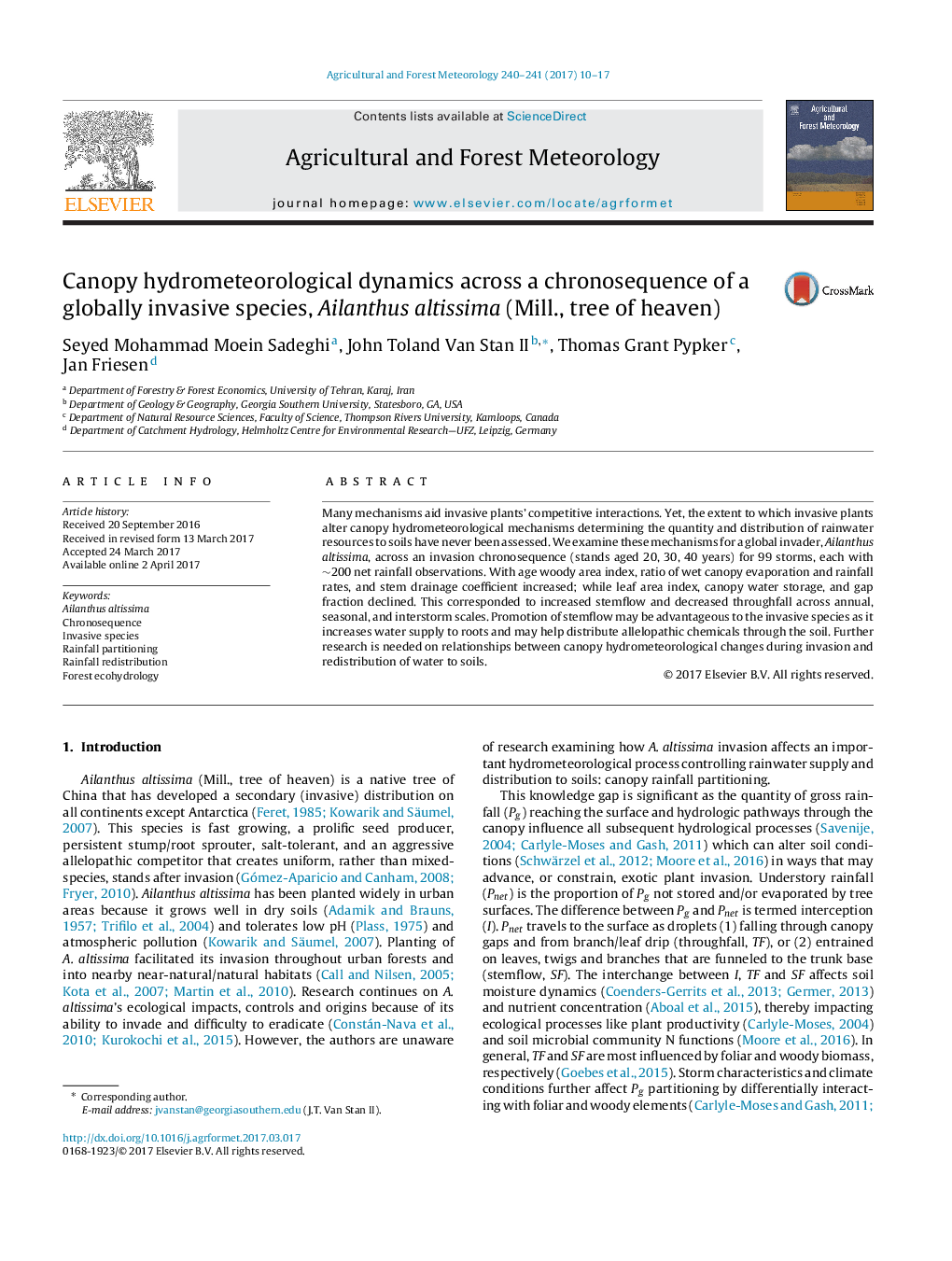 Canopy hydrometeorological dynamics across a chronosequence of a globally invasive species, Ailanthus altissima (Mill., tree of heaven)