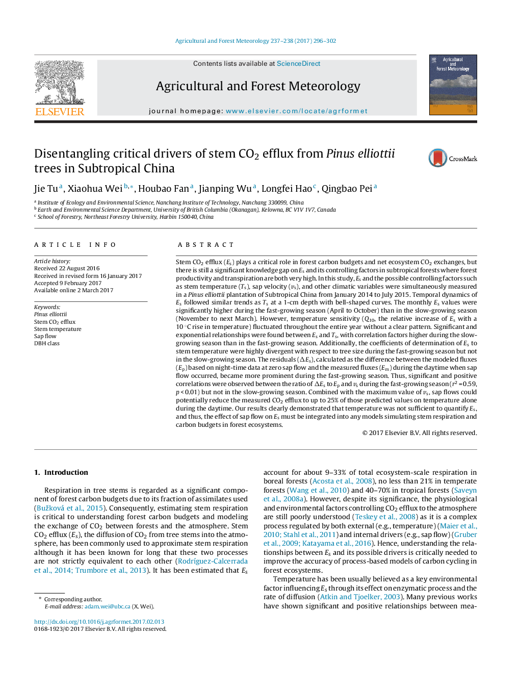 Disentangling critical drivers of stem CO2 efflux from Pinus elliottii trees in Subtropical China