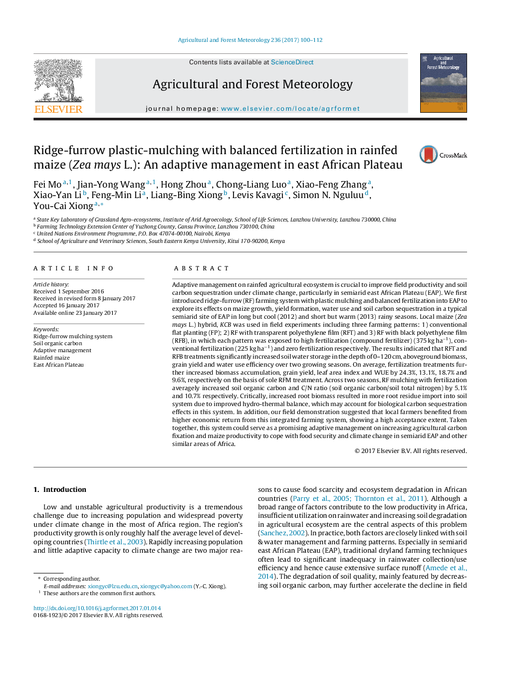 Ridge-furrow plastic-mulching with balanced fertilization in rainfed maize (Zea mays L.): An adaptive management in east African Plateau