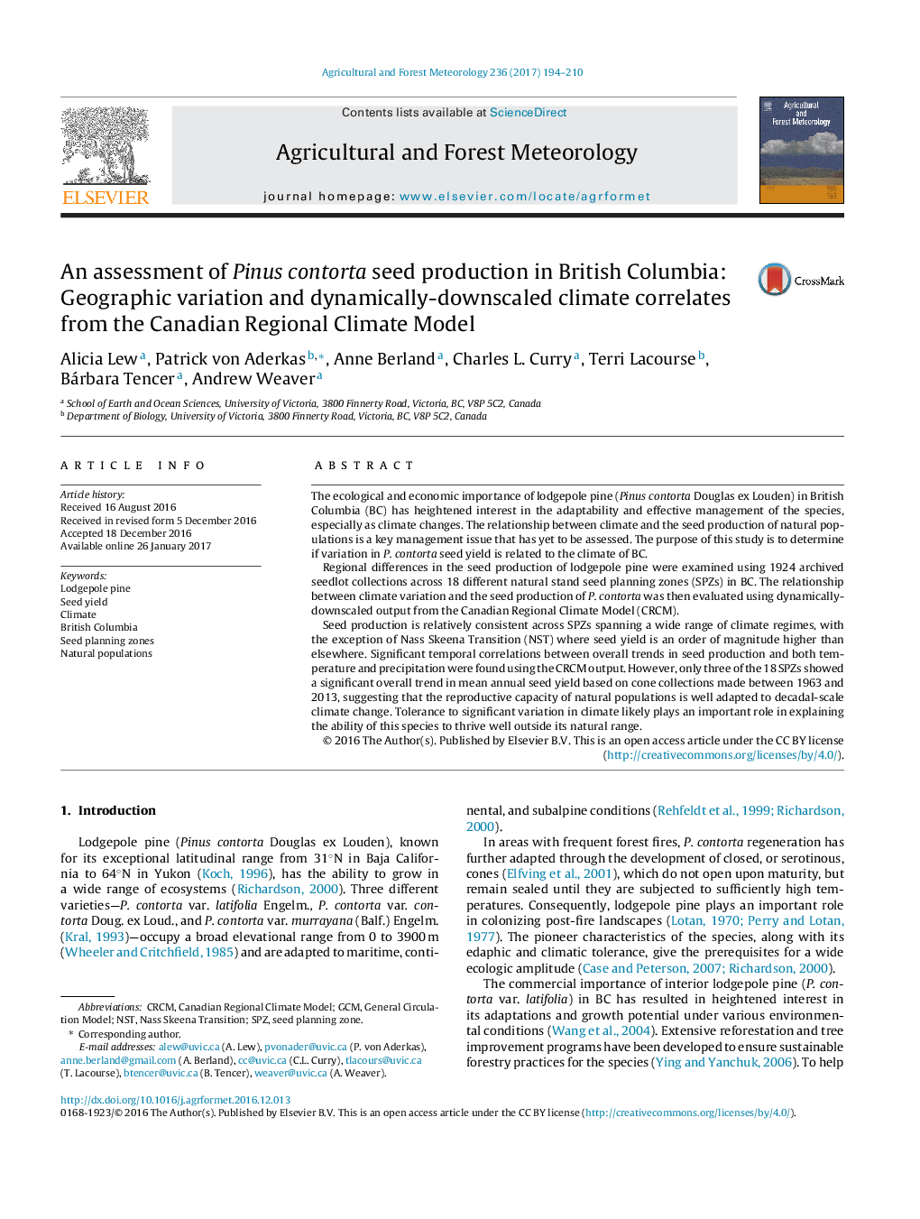 An assessment of Pinus contorta seed production in British Columbia: Geographic variation and dynamically-downscaled climate correlates from the Canadian Regional Climate Model