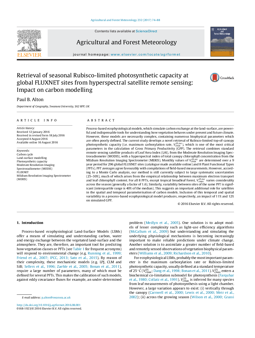 Retrieval of seasonal Rubisco-limited photosynthetic capacity at global FLUXNET sites from hyperspectral satellite remote sensing: Impact on carbon modelling