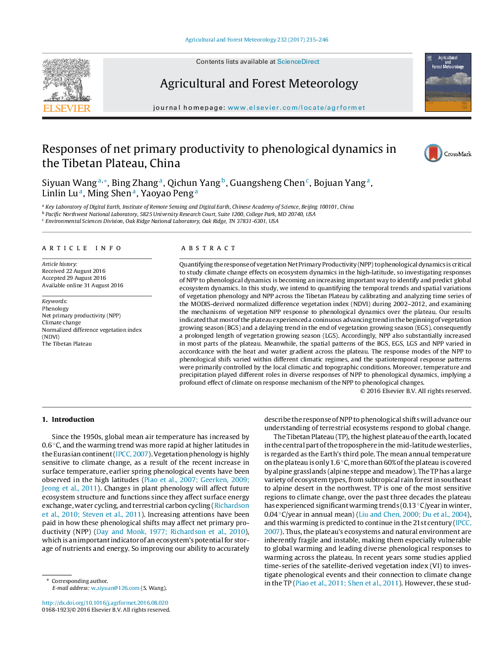 Responses of net primary productivity to phenological dynamics in the Tibetan Plateau, China