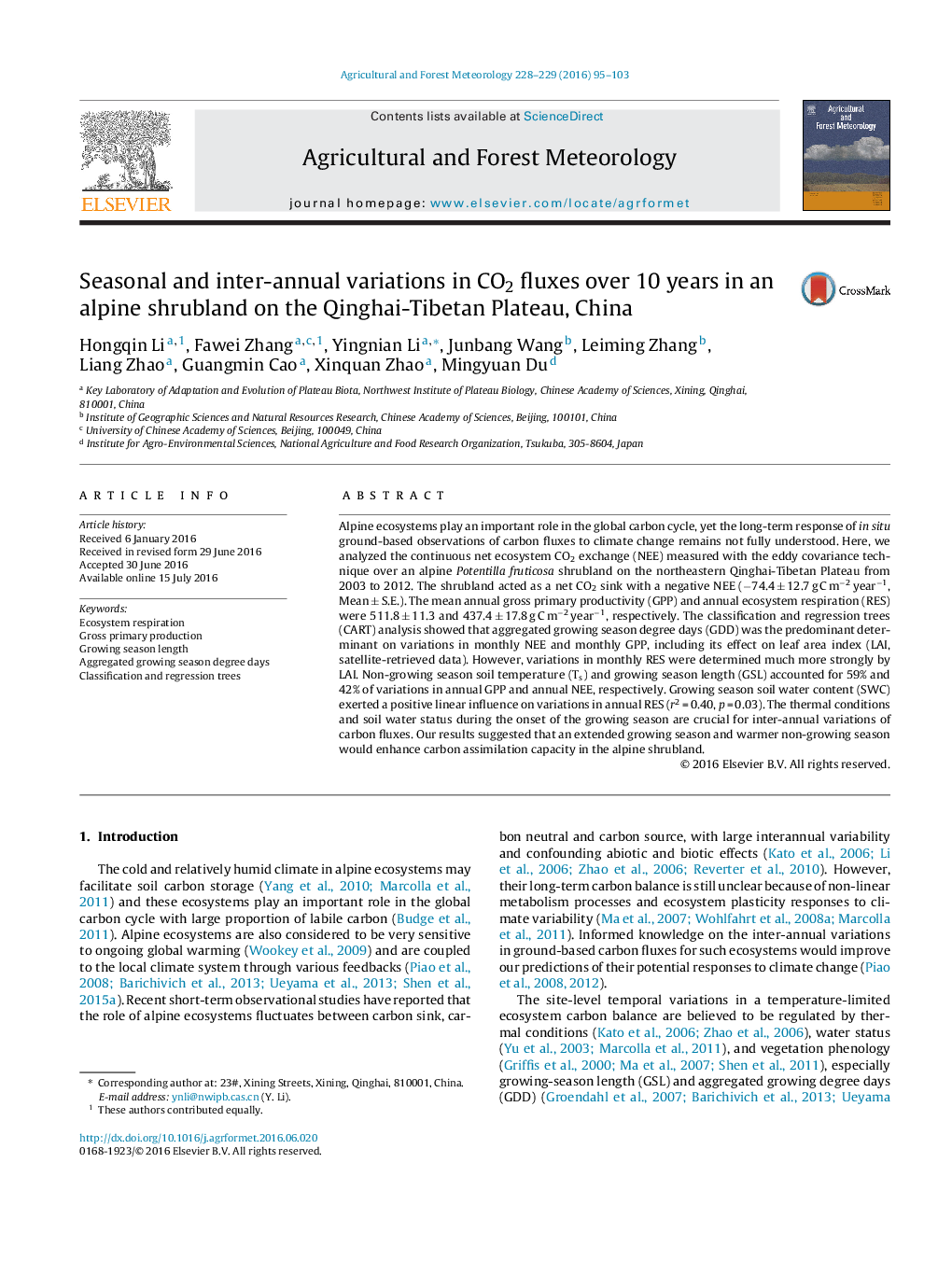 Seasonal and inter-annual variations in CO2 fluxes over 10 years in an alpine shrubland on the Qinghai-Tibetan Plateau, China