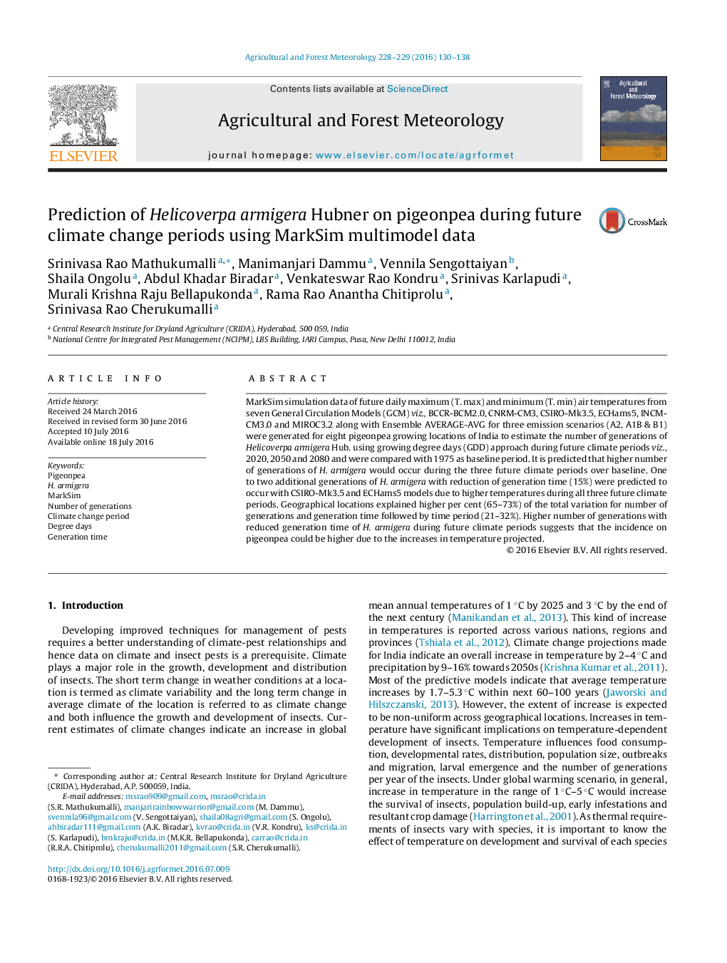 Prediction of Helicoverpa armigera Hubner on pigeonpea during future climate change periods using MarkSim multimodel data