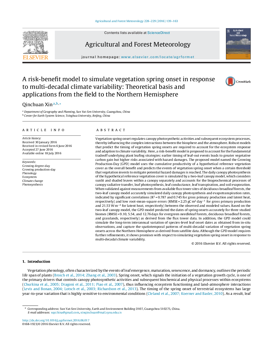 A risk-benefit model to simulate vegetation spring onset in response to multi-decadal climate variability: Theoretical basis and applications from the field to the Northern Hemisphere