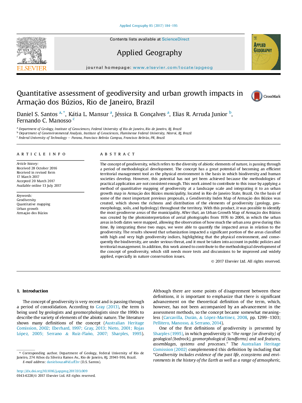 Quantitative assessment of geodiversity and urban growth impacts in ArmaçÃ£o dos Búzios, Rio de Janeiro, Brazil