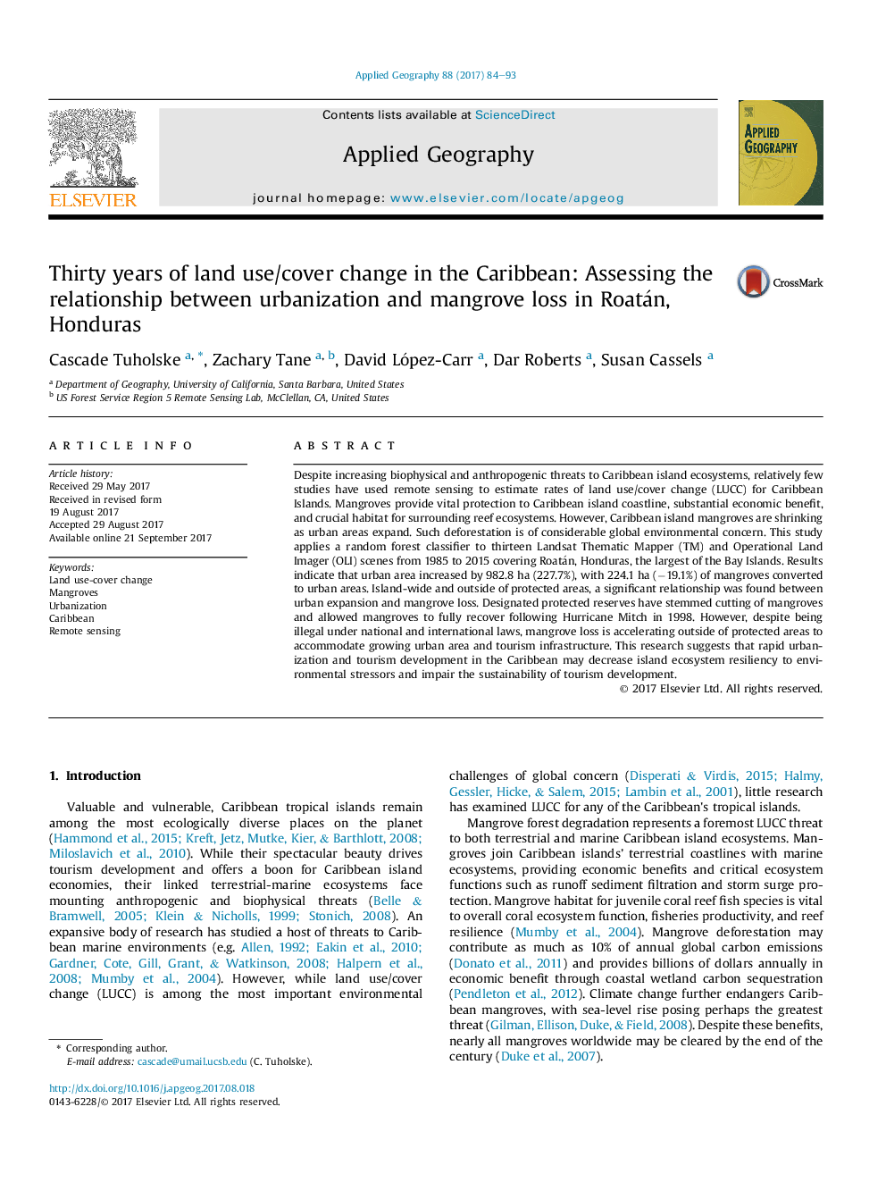 Thirty years of land use/cover change in the Caribbean: Assessing the relationship between urbanization and mangrove loss in Roatán, Honduras