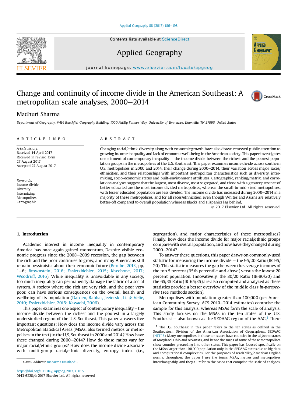 Change and continuity of income divide in the American Southeast: A metropolitan scale analyses, 2000-2014