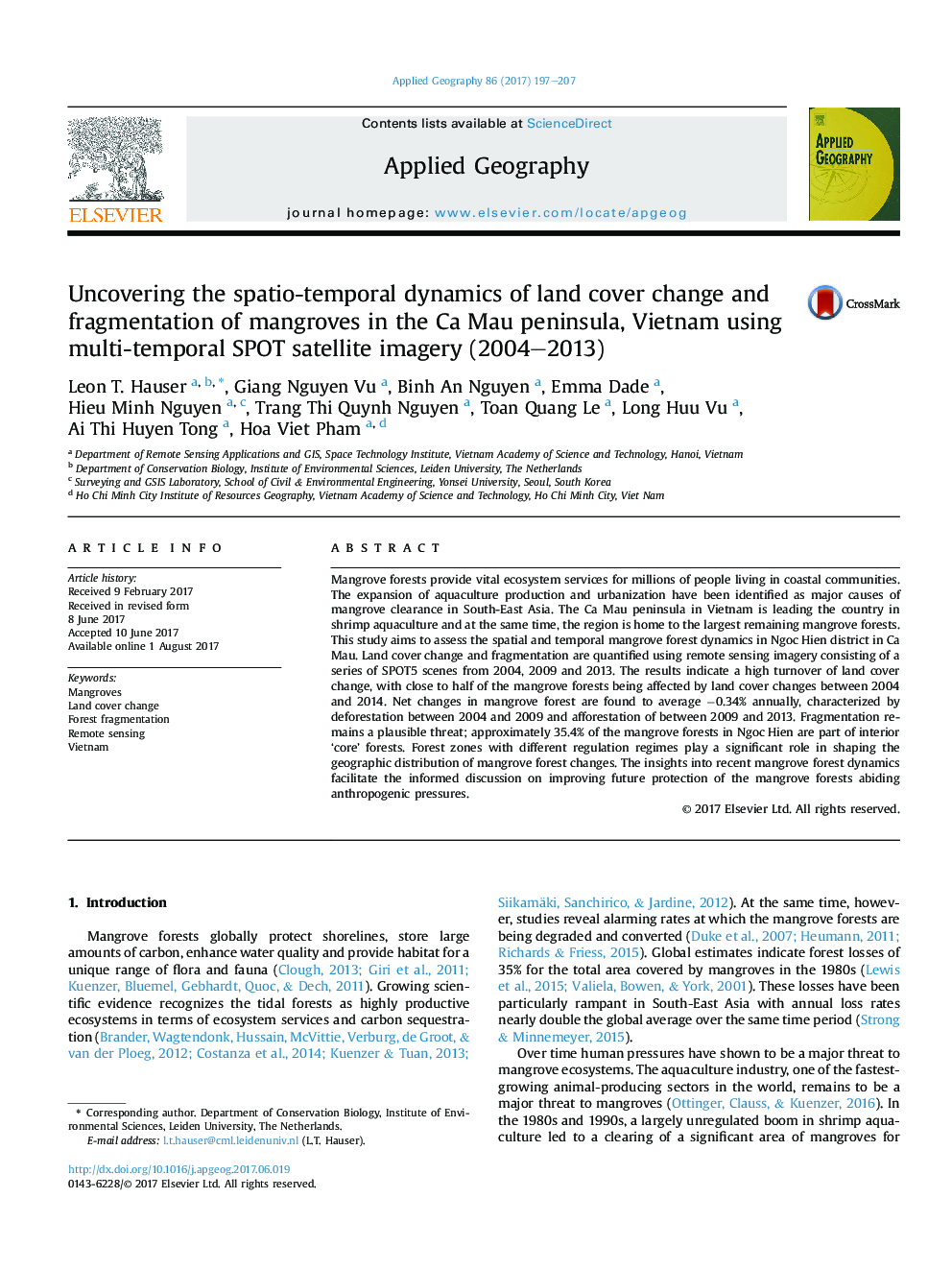 Uncovering the spatio-temporal dynamics of land cover change and fragmentation of mangroves in the Ca Mau peninsula, Vietnam using multi-temporal SPOT satellite imagery (2004-2013)